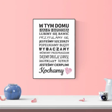 Poster In This House 157 - Graphic design with text in various fonts and colors on a pink background.