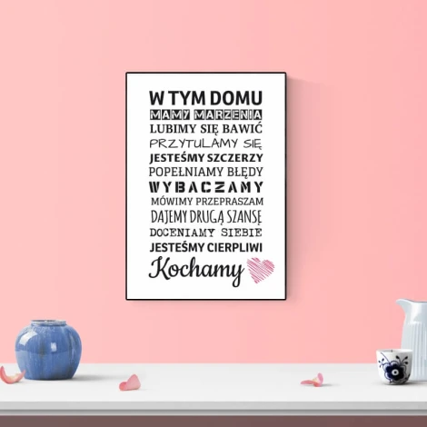 Poster In This House 157 - Graphic design with text in various fonts and colors on a pink background.