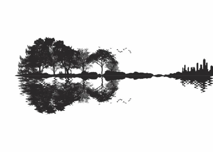 Guitar poster 223 - Graphic design featuring trees, a water reflection, and a city silhouette.