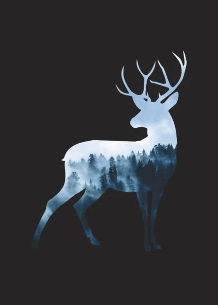 Deer poster 226 - Graphic design featuring a deer silhouette filled with a blue-toned forest landscape.