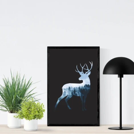Deer poster 226 - Graphic design. Silhouette of a deer in shades of blue on a black background.