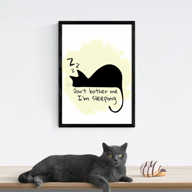 Cat poster 205 - Graphic design. Black cat lying down with text on a light background.