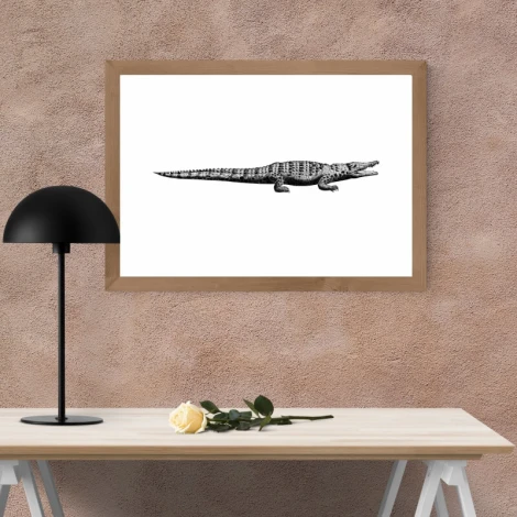 Crocodile poster 209 - Office setup with beige wall, light wood table, and black lamp.