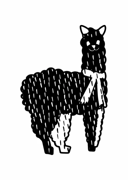 Llama poster 221 - Graphic design featuring a llama in black and white lines with a white ribbon around its neck.