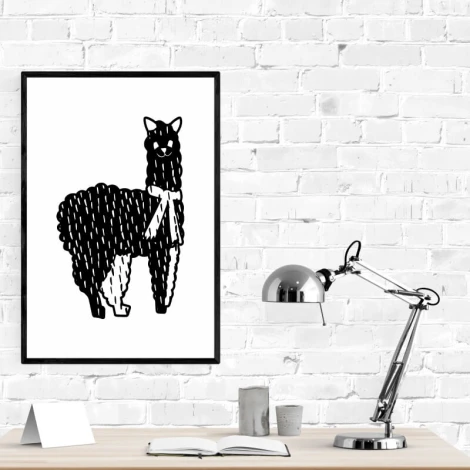 Llama poster 221 - Graphic design. Black llama with white details on a white background.