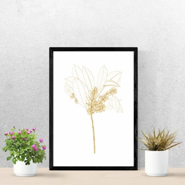 Leaf poster 199 - Graphic design. Gold leaf outline on a white background with fine details.
