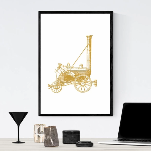 Train poster 202 - Graphic design featuring a golden locomotive on a white background.