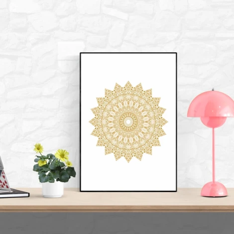 Mandala poster 203 - Living room setup with light-colored walls, simple furniture, and a retro-style lamp.