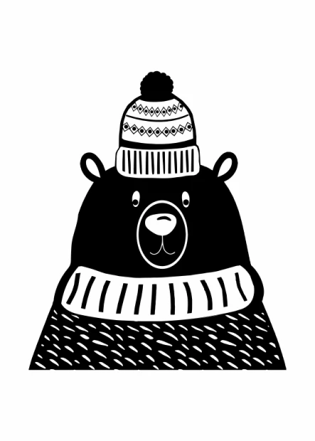 Bear poster 214 - Graphic design featuring a bear in a pom-pom hat and sweater on a white background.