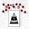 Bear poster 214 - Graphic design. Black bear in a sweater and hat on a white background with decorations.