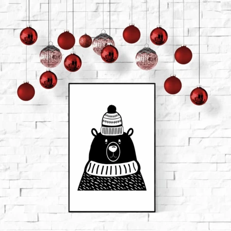 Bear poster 214 - Graphic design. Black bear in a sweater and hat on a white background with decorations.