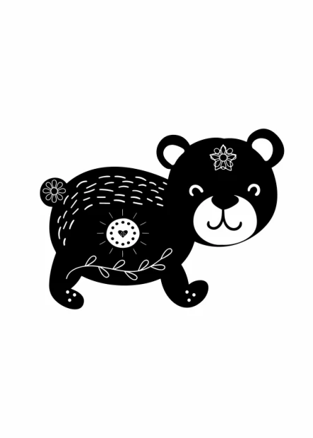 Bear poster 220 - Graphic design. Smiling bear adorned with flowers and sun, in black and white.