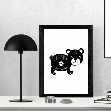 Bear poster 220 - Graphic design. Black bear with white details, in motion, featuring floral elements.