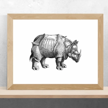 Rhino poster 208 - Graphic design featuring a rhinoceros in armor, in shades of gray on a white background.