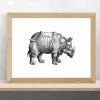 Rhino poster 208 - Graphic design featuring a rhinoceros in armor, in shades of gray on a white background.