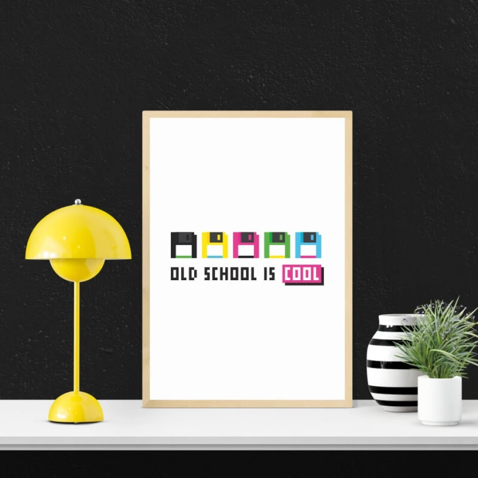 Old School is Cool poster 225 - Graphic design with simple letters in various colors on a white background.