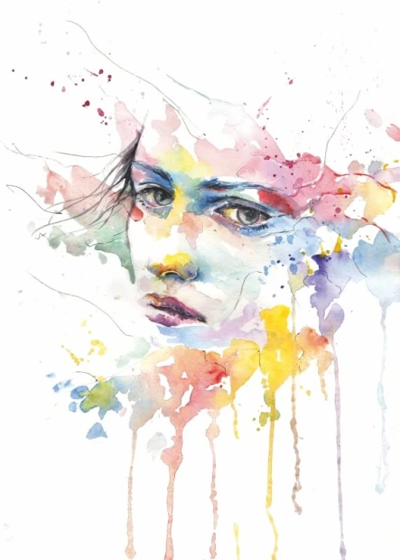 Portrait poster 222 - Graphic design. Face with watercolor splashes in pink, blue, and yellow.
