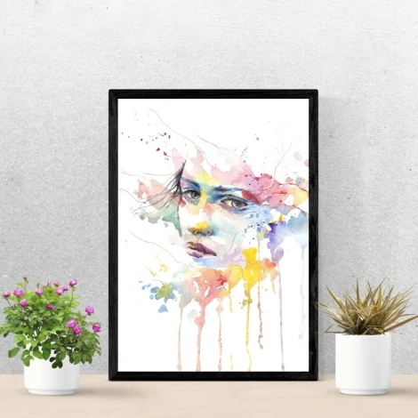 Portrait poster 222 - Graphic design. Face with watercolor splashes in pink, blue, and yellow.