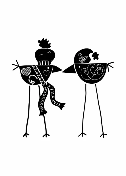 Birds poster 213 - Graphic design featuring two birds in different shapes, one with a scarf and the other with a decorative pattern.