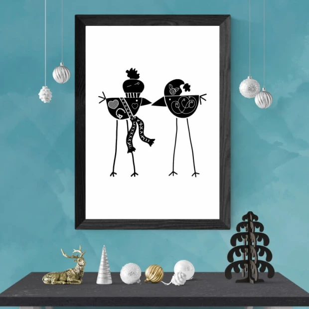 Birds poster 213 - Graphic design featuring two birds with simple shapes and different patterns on their bodies.