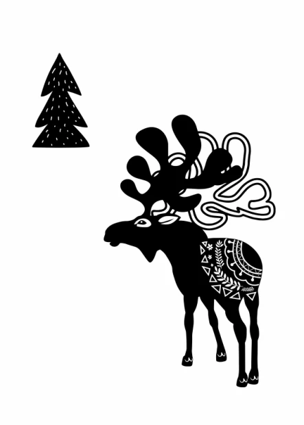 Reindeer poster 219 - Graphic design featuring a richly patterned reindeer with a tree in the background.