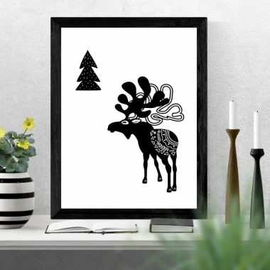Reindeer poster 219 - Graphic design featuring a black reindeer with decorative elements and a nearby Christmas tree.
