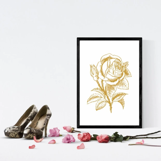 Rose poster 200 - Living room decor with light walls, elegant heels, and pink petals.