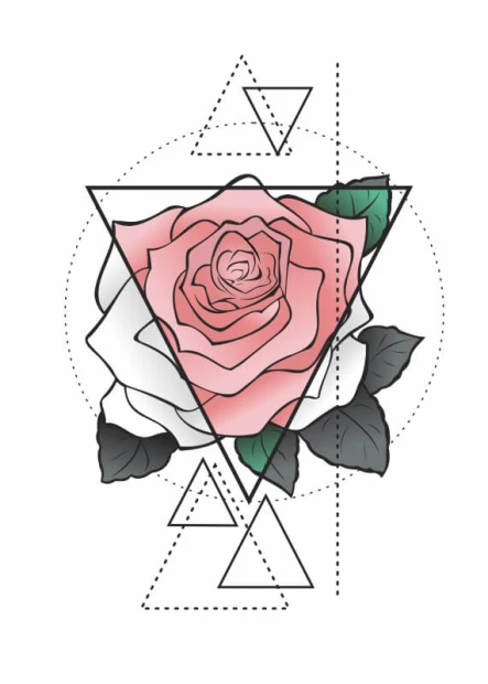 Rose poster 224 - Graphic design featuring a rose in shades of pink and white, surrounded by geometric triangles.