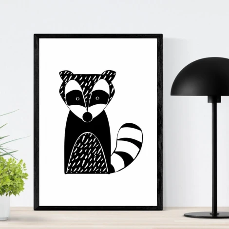 Raccoon poster 215 - Graphic design featuring a black and white raccoon with clear shapes.