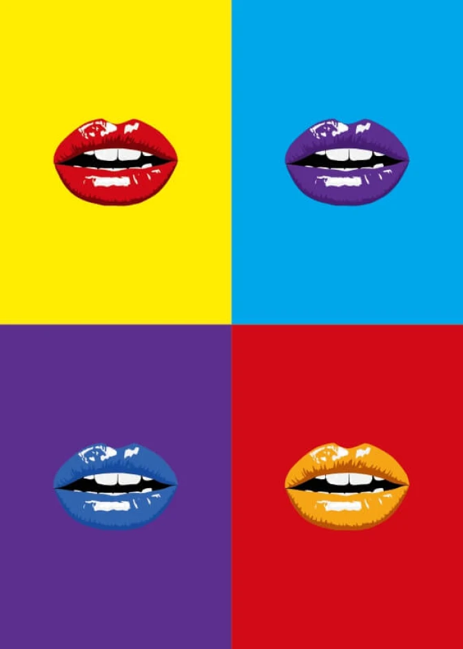Poster Lips 194 - Graphic design featuring four lips in different colors on a contrasting background.