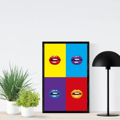 Poster Lips 194 - Graphic design featuring four lips in different colors on a background of yellow, blue, purple, and red.