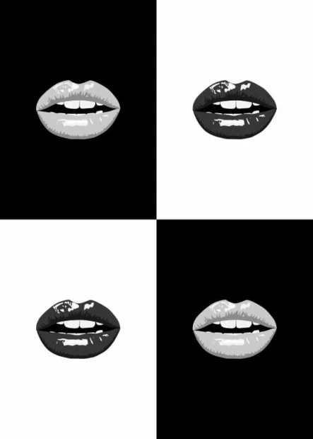 Poster of lips 195 - Graphic design featuring two lips in different shades on black and white backgrounds.