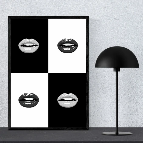 Poster of lips 195 - Graphic design featuring four lips in black and white with various details.