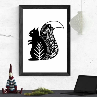 Squirrel poster 218 - Graphic design featuring a squirrel with plant motifs in black and white.