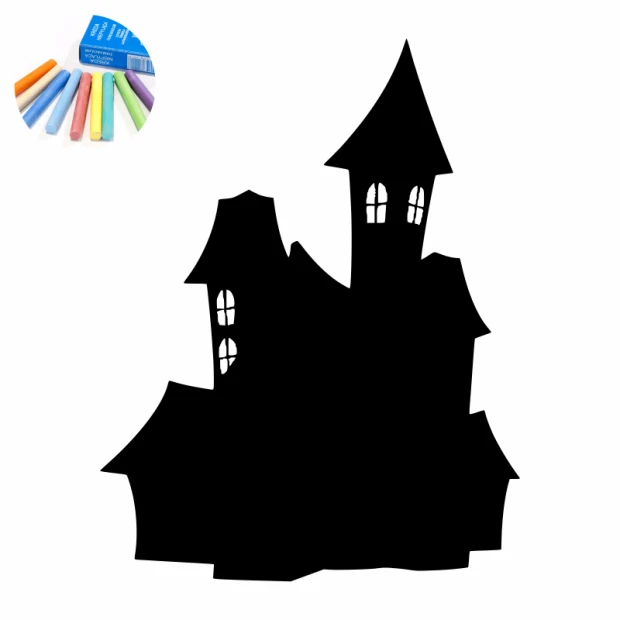 Chalk sticker for kids featuring a black castle silhouette with windows and two towers.