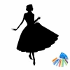 Chalk sticker for kids silhouette 369 - Graphic design. Woman in a ruffled dress, next to chalk in various colors.