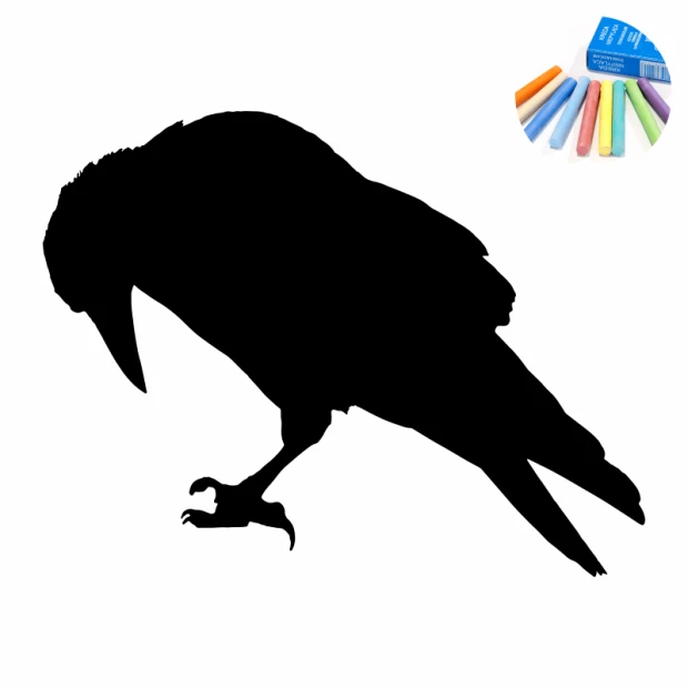 Chalk sticker of a crow 368 - Black outline of a leaning crow with colorful chalks beside it.