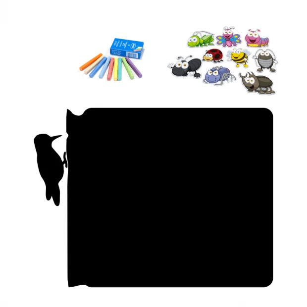 Chalkboard magnetic board for kids with a woodpecker design. Colorful crayons on a black background.