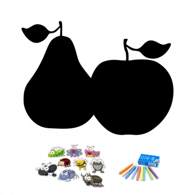 Chalkboard magnetic board with pear and apple design, featuring colorful fruits.