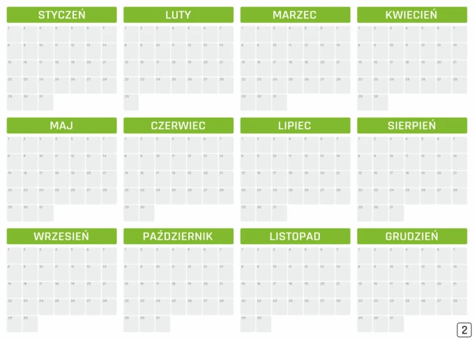 Universal dry-erase annual calendar 459 - Graphic design. Simple monthly layout with white fields and green accents.
