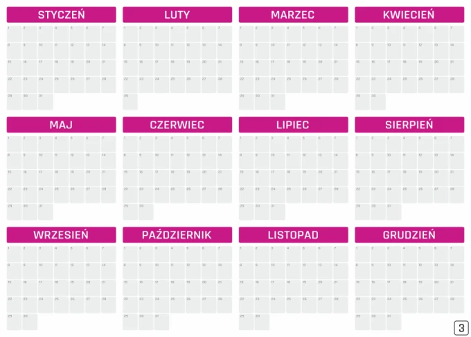 Universal dry-erase yearly calendar 459 - Graphic design with monthly grid in rectangular format and day numbers.