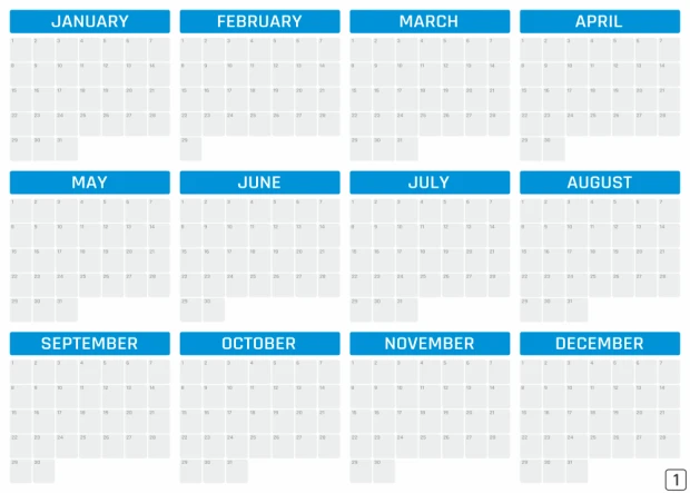 Universal dry-erase annual calendar in English, featuring a simple horizontal layout with months.