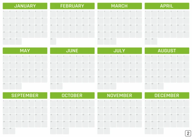 Universal dry-erase annual calendar in English, featuring a graphic design with a monthly grid and blank spaces.