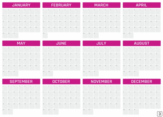 Universal dry-erase annual calendar in English, featuring a simple grid layout of months.