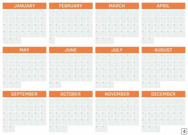 Universal dry-erase annual calendar in English, featuring a simple monthly layout with blank fields.