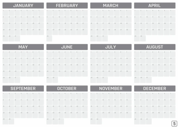 Universal dry-erase annual calendar in English, featuring a simple grid layout with empty spaces for months.