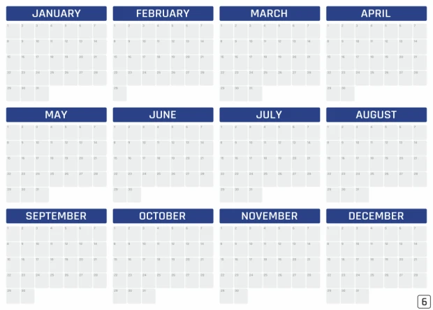 Universal dry-erase annual calendar in English, featuring a simple monthly layout with large boxes.