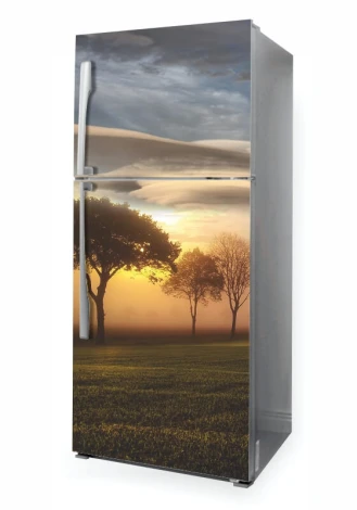 Fridge wrap sticker with a foggy tree design P1101 - Kitchen decor with light walls, wooden accents, and natural light.