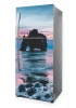 Refrigerator wrap sticker with ocean waves design P1100 - features waves and rocks in shades of blue.