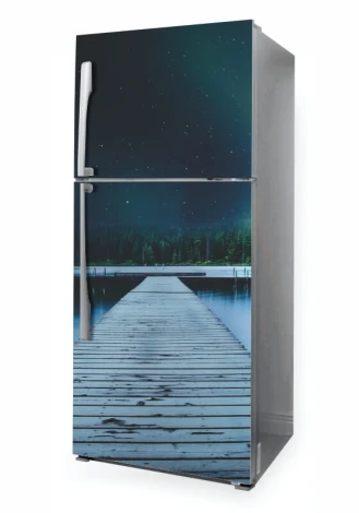 Fridge wrap sticker P1102 - Graphic design featuring a wooden pier leading to water.